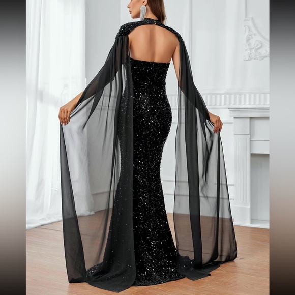 Glitter Sequin Tube Mermaid Dress & Cloak Sleeve Mesh Cape - Picture 3 of 11